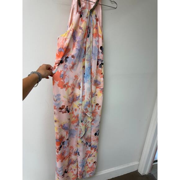 Calvin Klein Chiffon Floral Print Beaded Halter Draped Maxi Dress Pink Size 12 - Picture 4 of 8